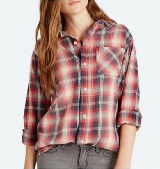 Anthropologie Current/Elliott Plaid Studded Collared Flannel Shirt Size Medium - Picture 11 of 11